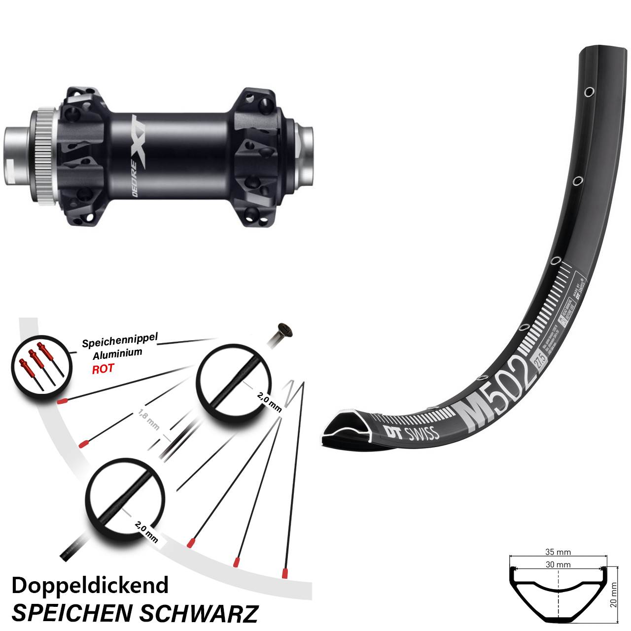 DT Swiss M 502 Vorderrad 27,5 Zoll Shimano Deore XT HB-M8110 Boost Straightpull