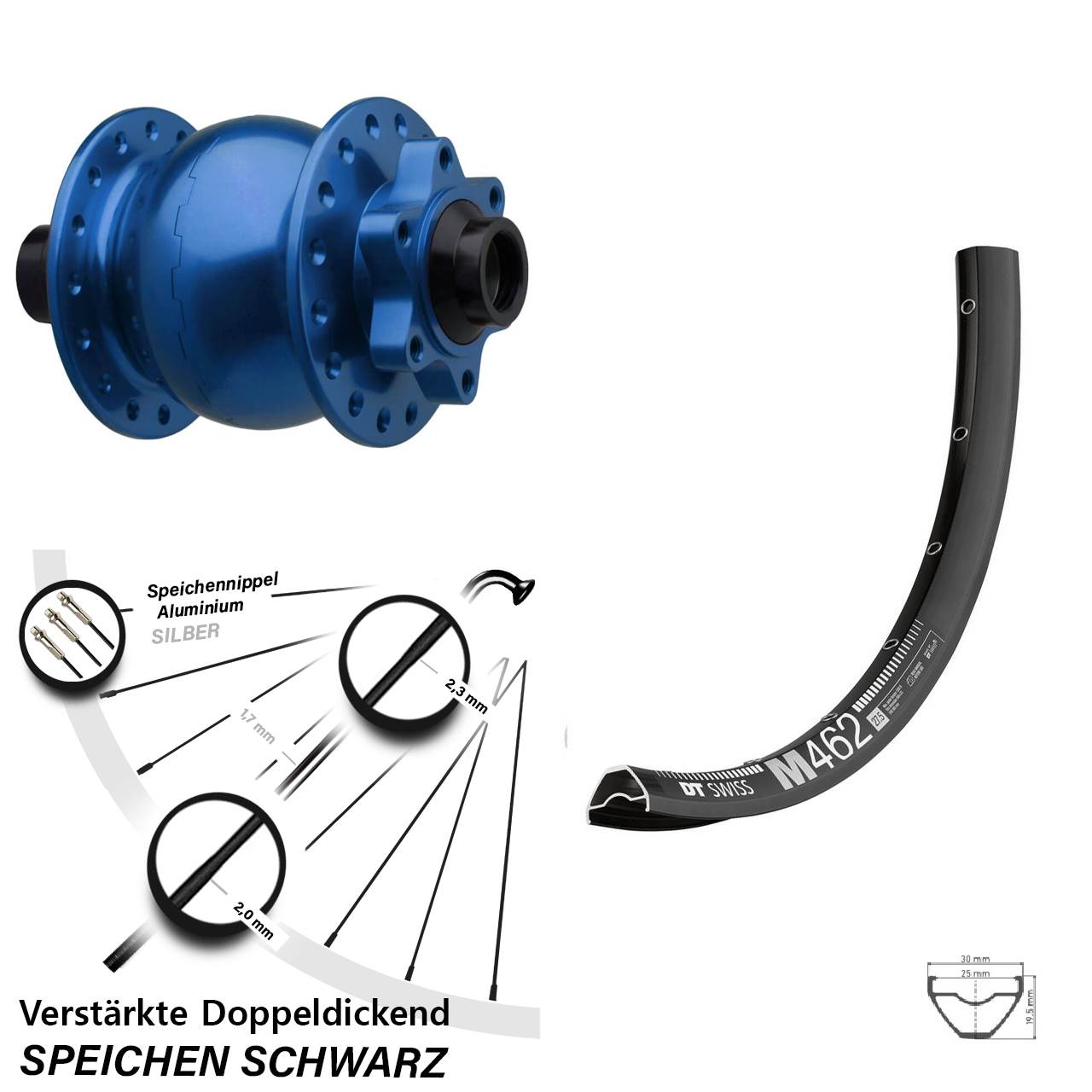 Boost Disc 29 Zoll Dynamo-Vorderrad 15x110 DT Swiss M 462 SON 28 blau