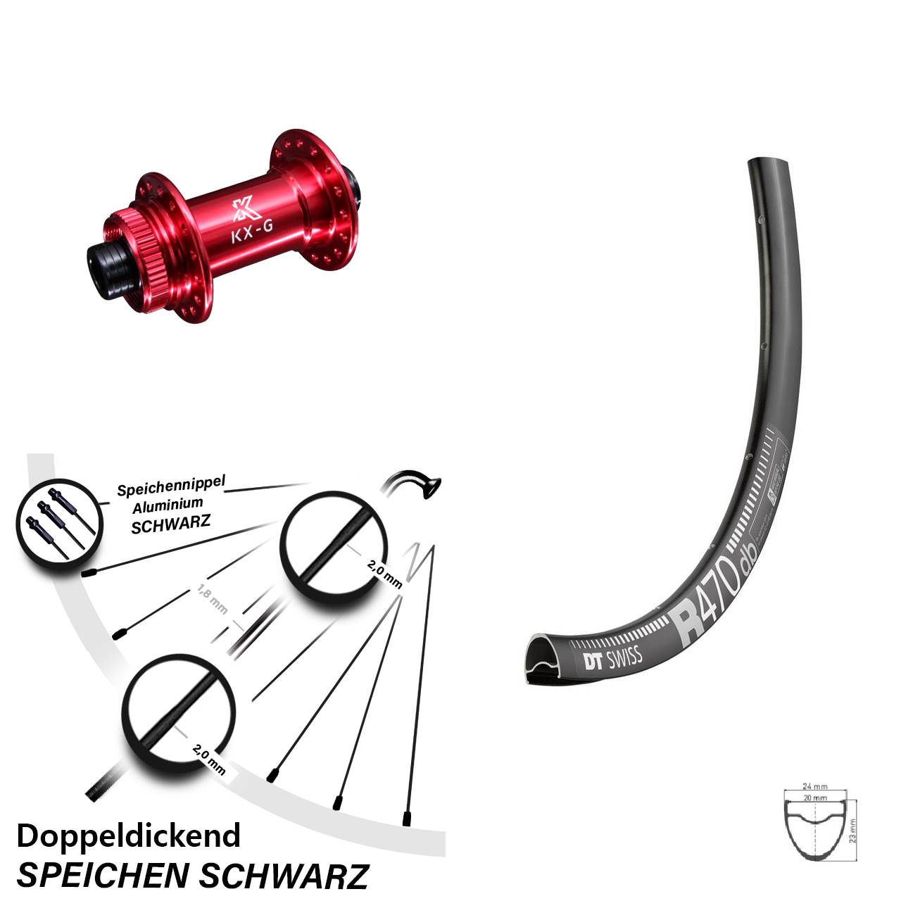 DT Swiss R 470 DB Vorderrad 28 Zoll mit KX-G Nabe rot-eloxiert Steckachse