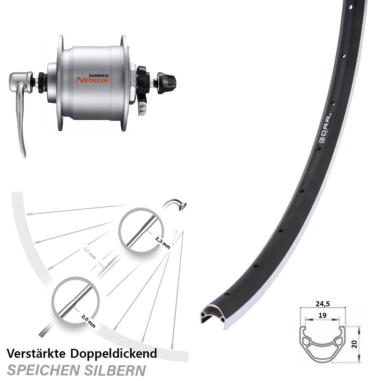 Nabendynamovorderrad für Schnellspanner 26 Zoll Gora 19 Shimano Nexus DH-C3000