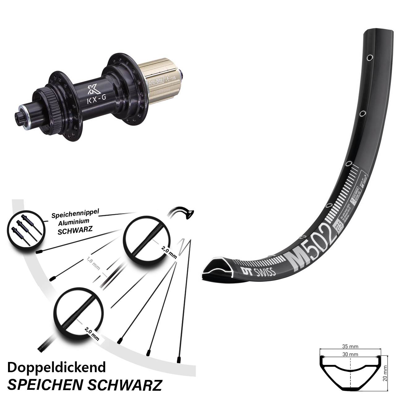 DT Swiss M 502 KX-G 27,5 Zoll Disc Hinterrad QR 8-12 fach
