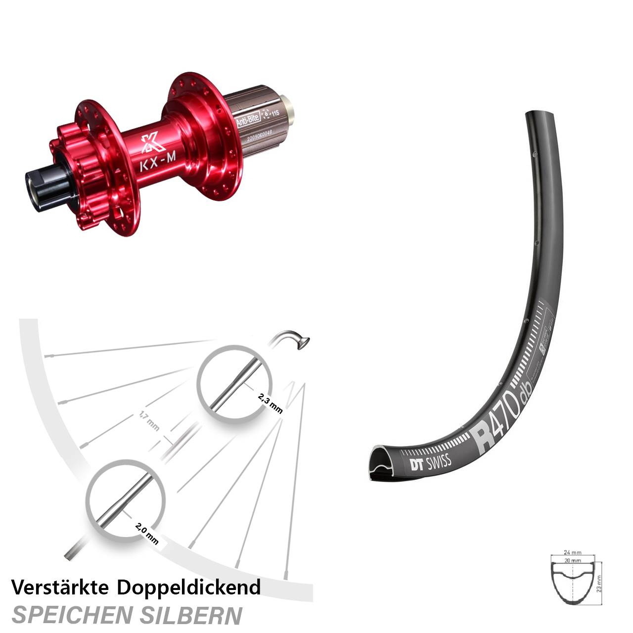 6-Loch Hinterrad 28 Zoll DT Swiss R 470 KX-M rot 8-12 fach HG 12x142