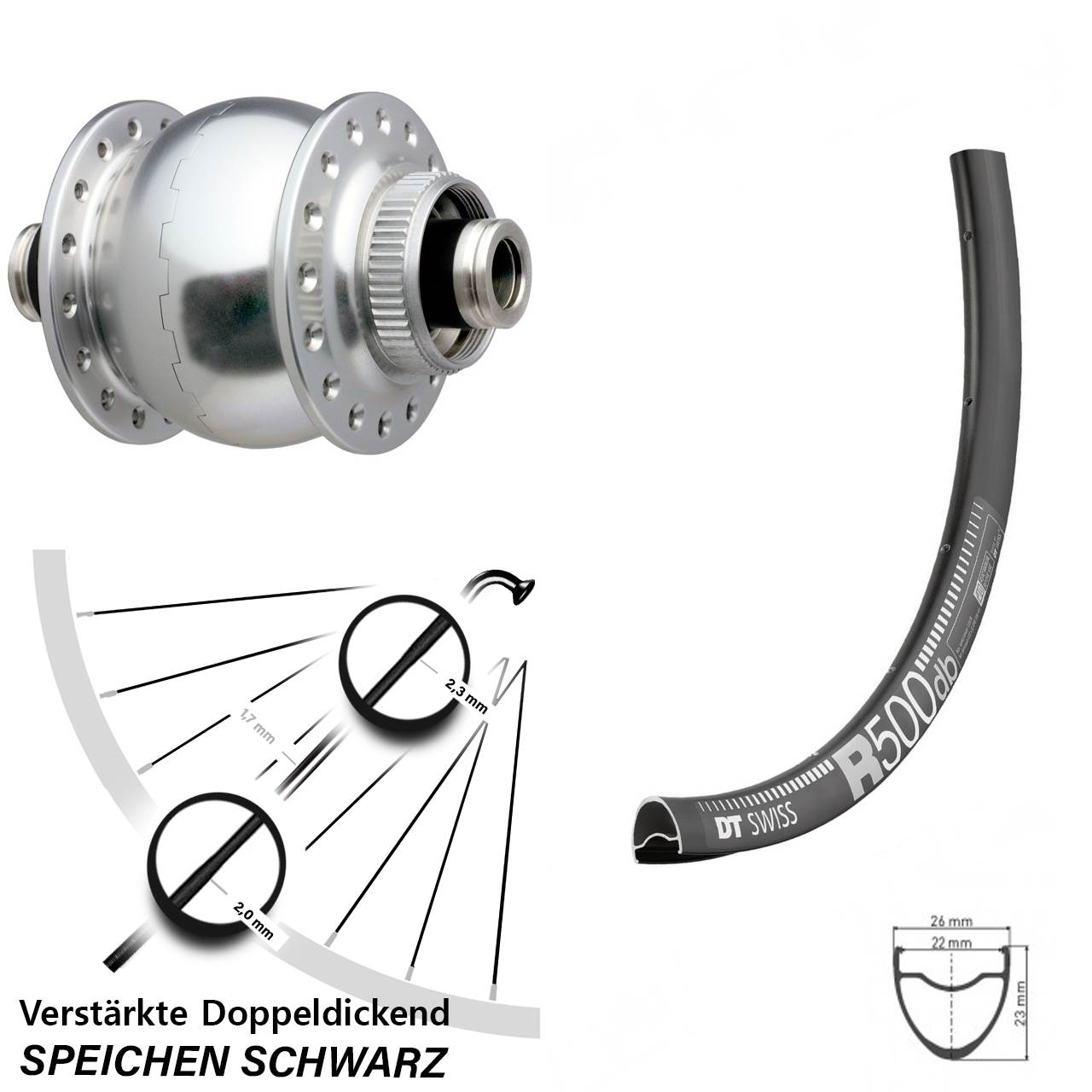 SONdelux DT Swiss R500 29 Zoll Disc Vorderrad mit Nabendynamo 12x100