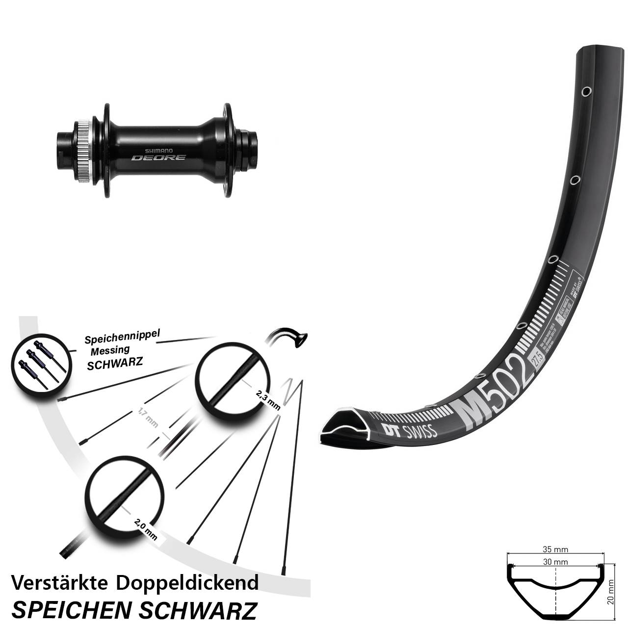 27,5 Zoll DT Swiss M502 Shimano Deore HB-M6010 Disc Laufrad 15x110 Boost