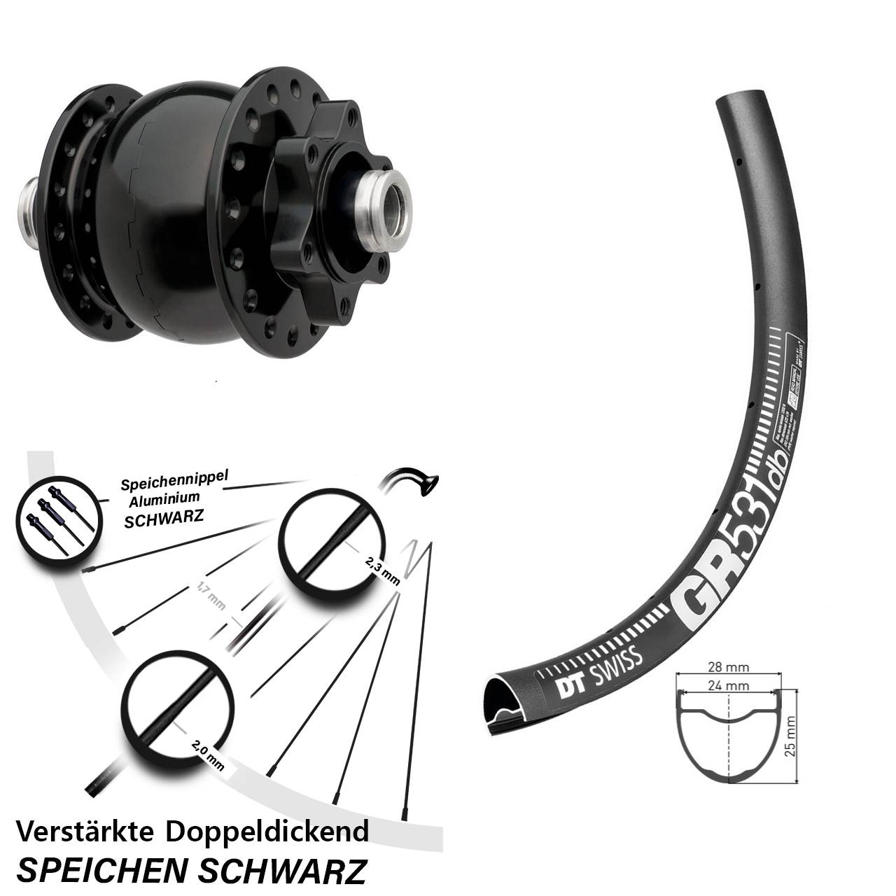 Nabendynamo SON 28-12 Steckachse DT Swiss GR 531 DB Disc Vorderrad