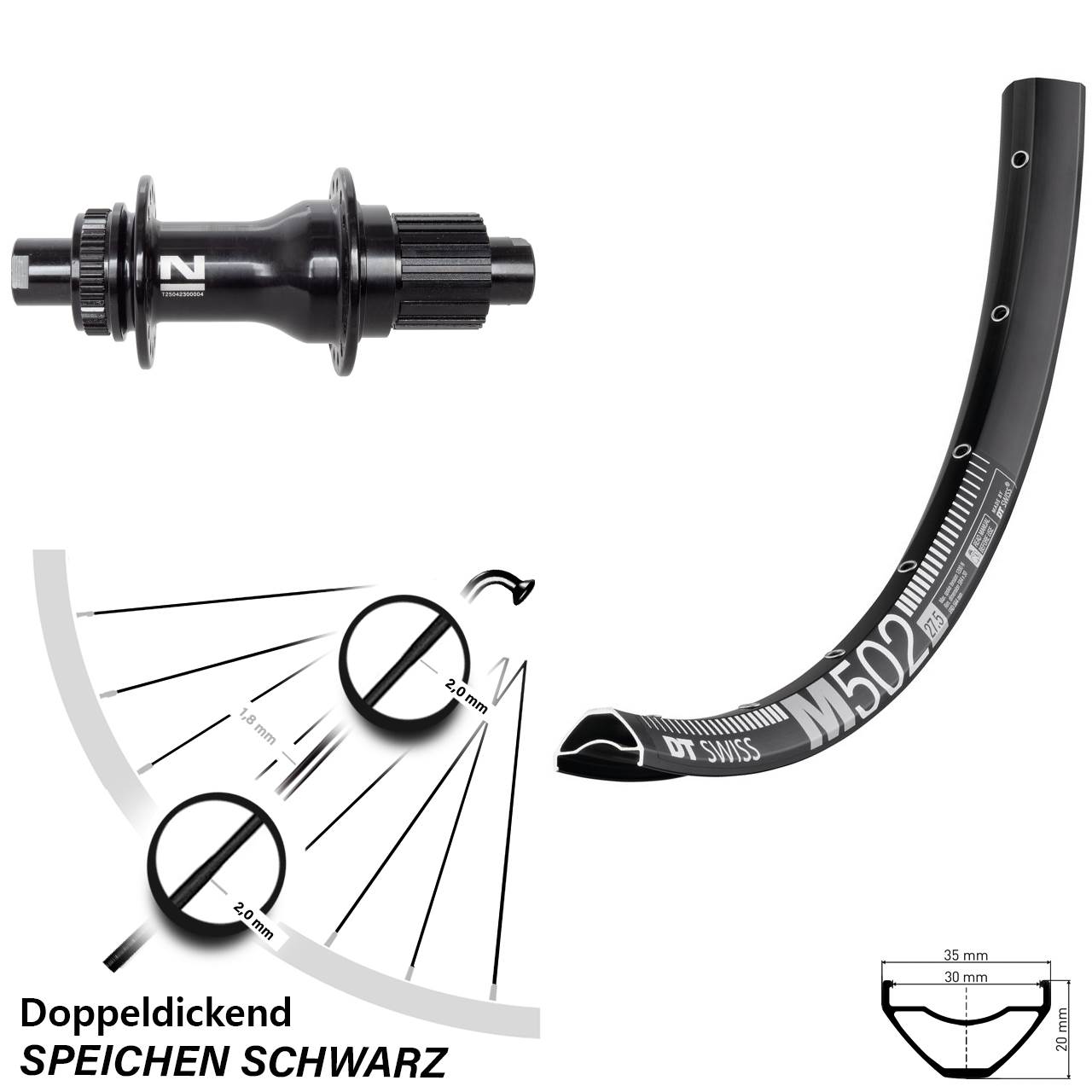 27,5 Zoll DT Swiss M502 Novatec D792 Hinterrad Centerlock 12x142 Micro Spline