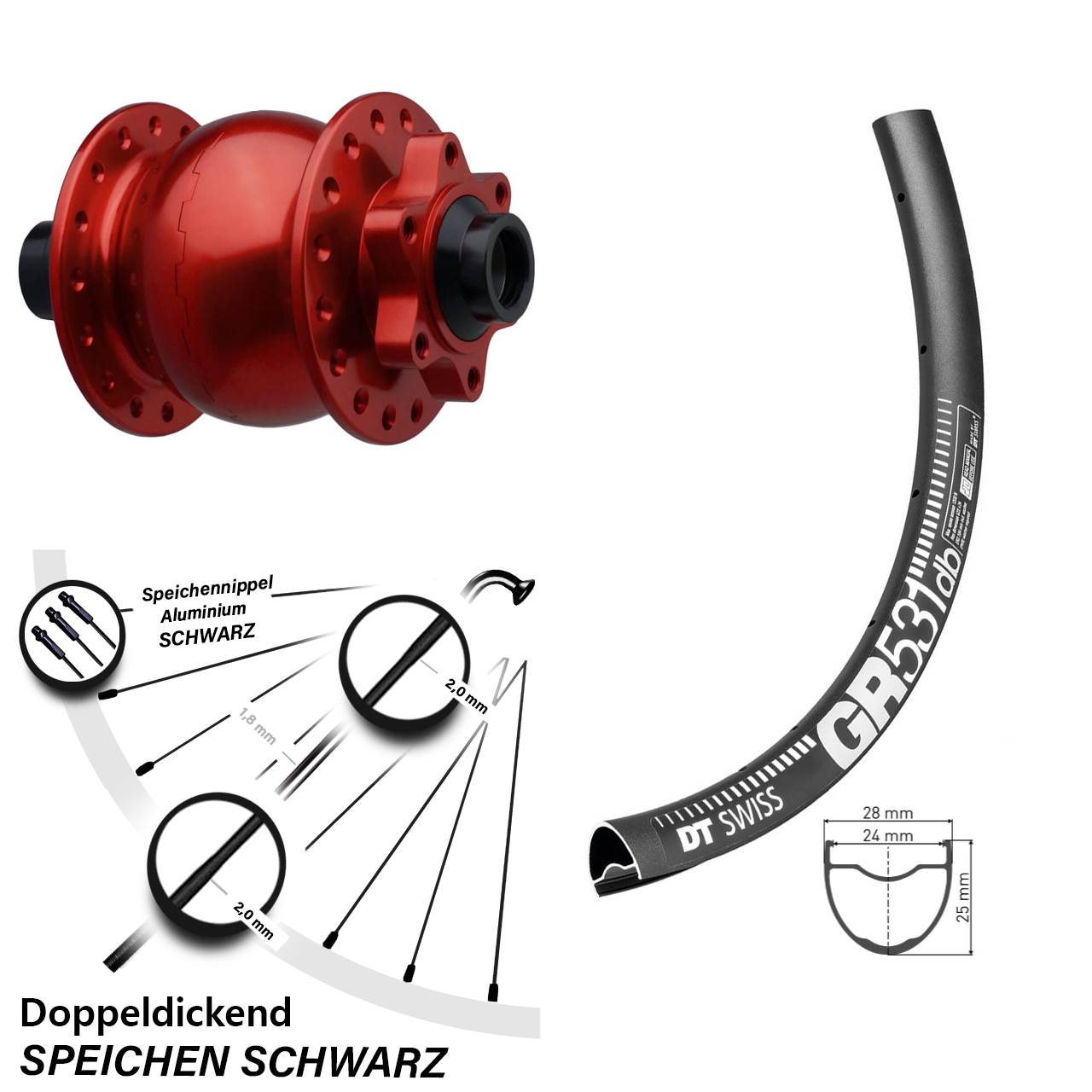 28-29 Zoll DT Swiss GR 531 SON 28 rot 6-Loch Nabendynamovorderrad 15x110 Boost
