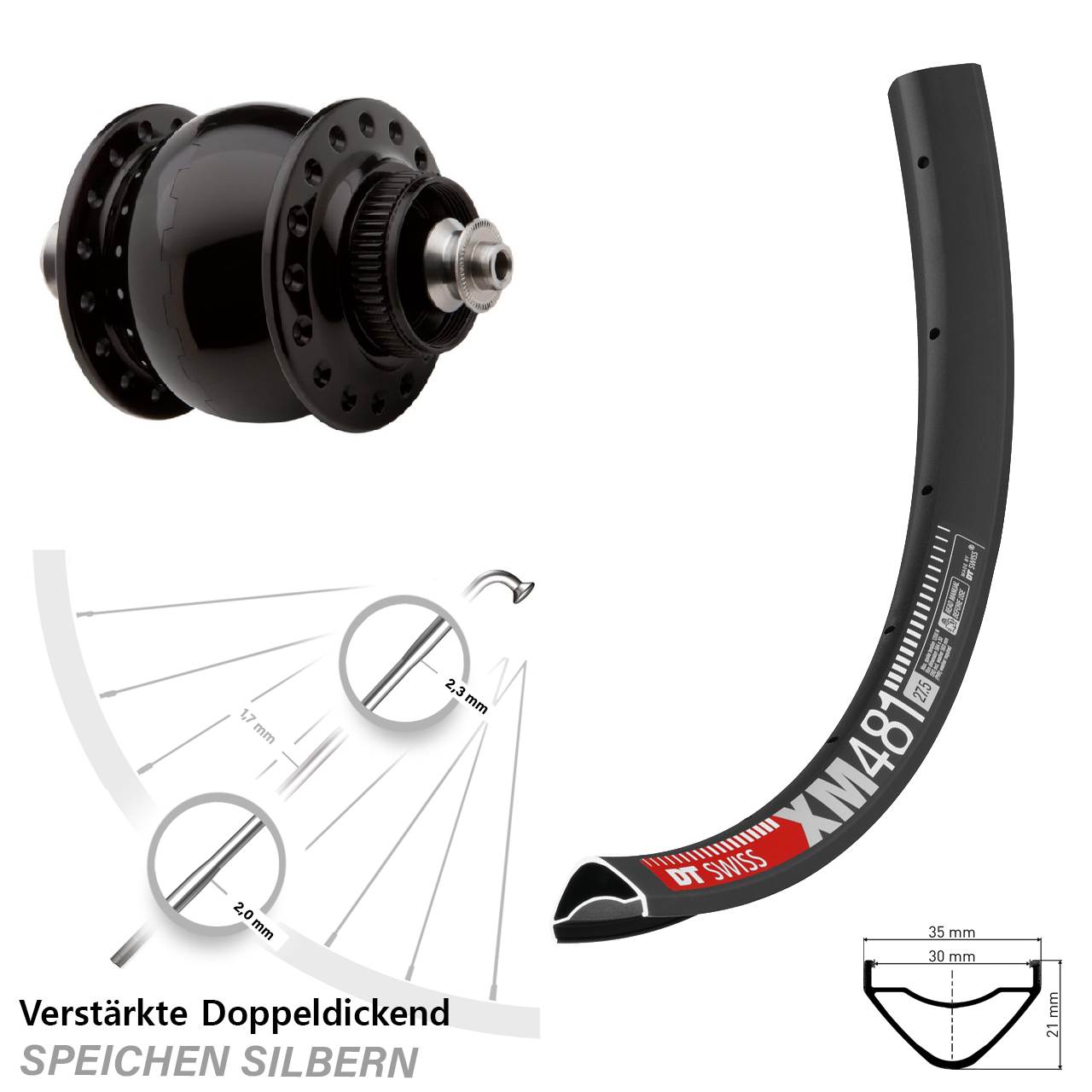 Nabendynamo-Vorderrad Centerlock 27,5 Zoll DT Swiss XM481 SON delux QR