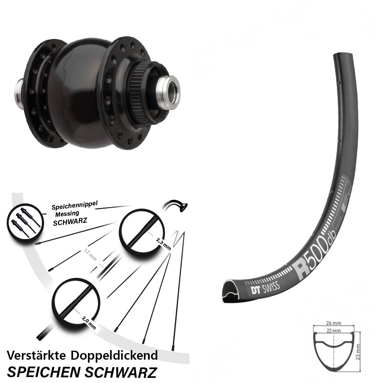 verstärktes Nabendynamolaufrad SON 28 DT Swiss R 500 28-29 Zoll für 12x100 mm Steckachse