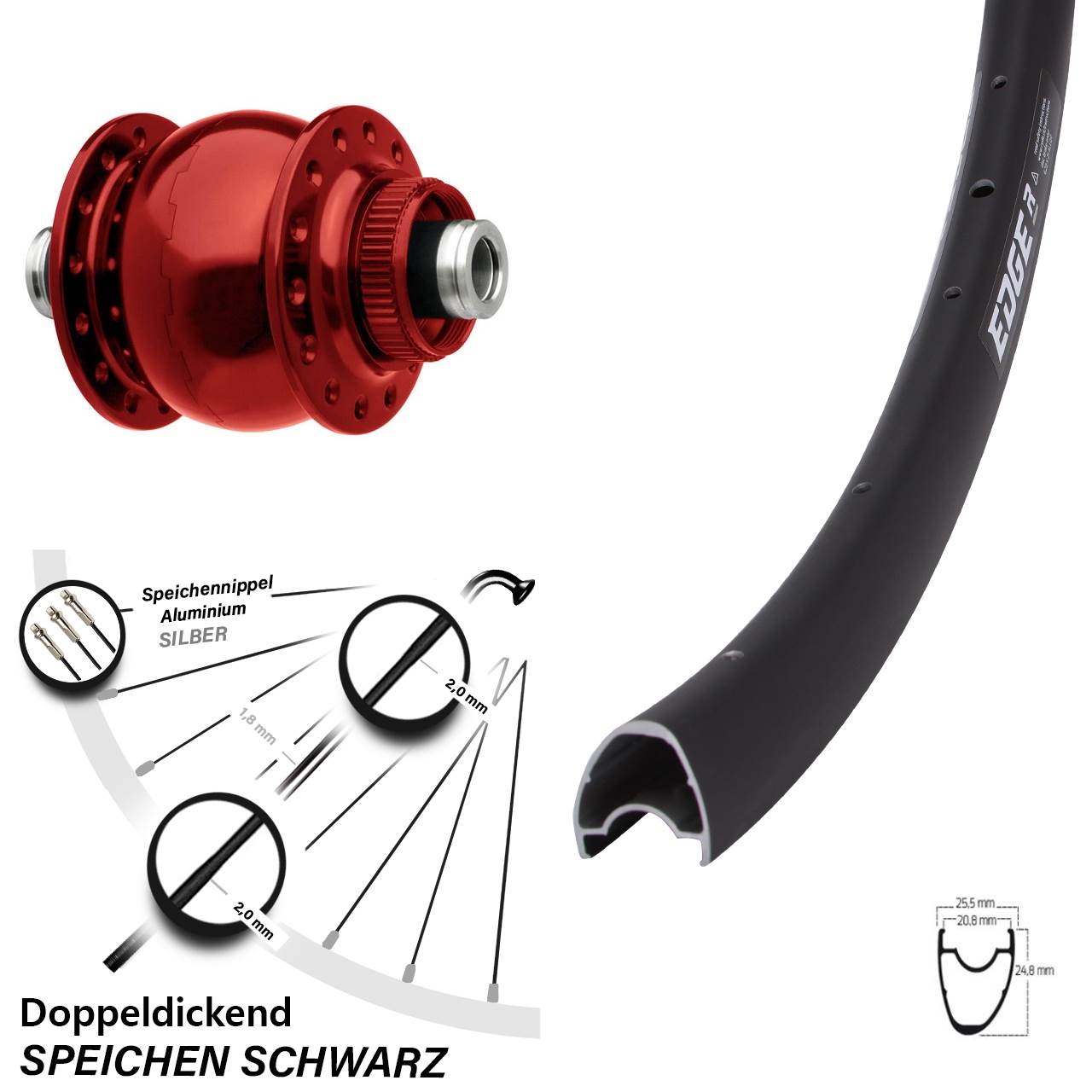 Vorderrad rot eloxierter Son 28 Zoll Ryde Edge R25 OS Disc Steckachse 12x100 mm