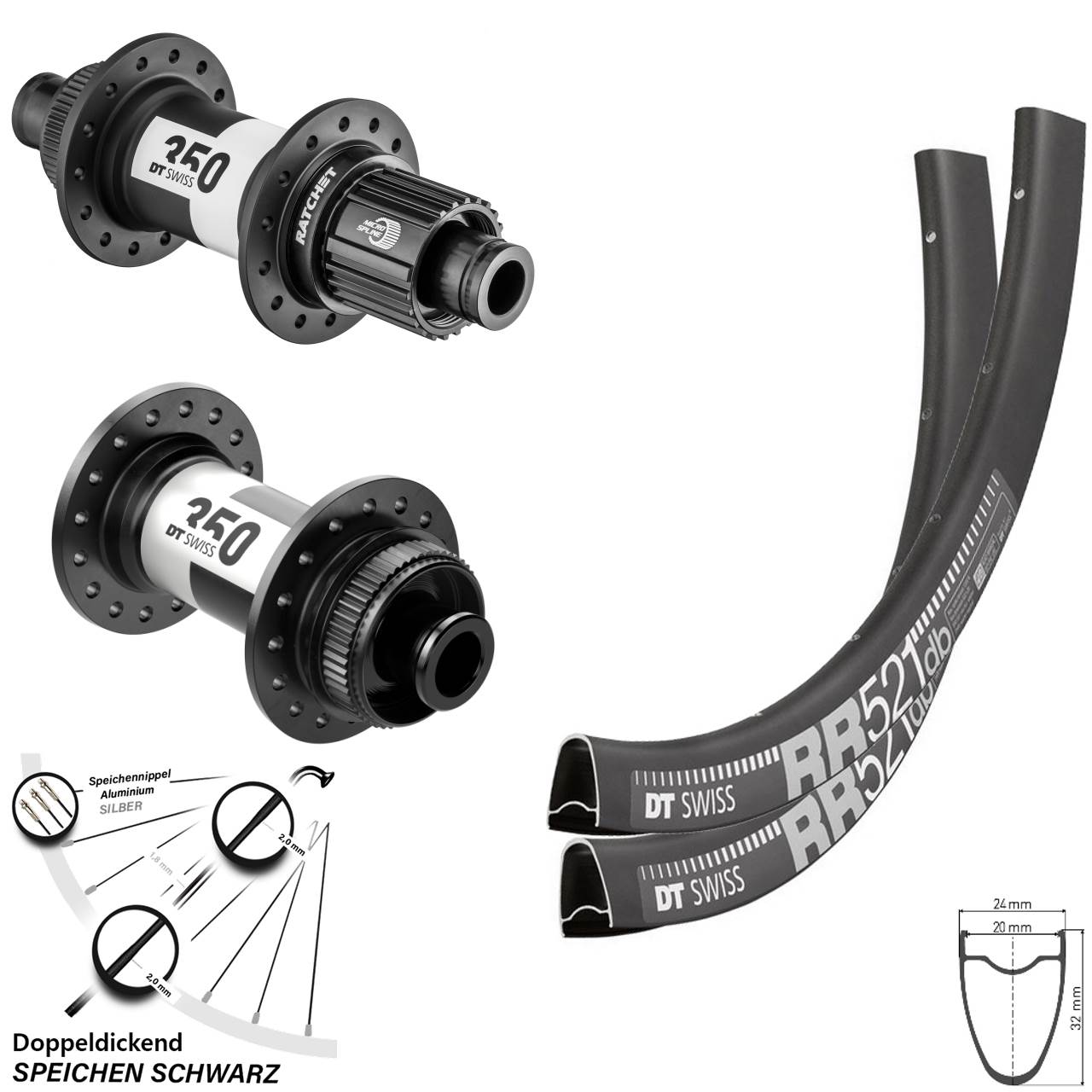 28 Zoll DT Swiss RR521-350 Laufradsatz Centerlock 12x100/142 Micro Spline