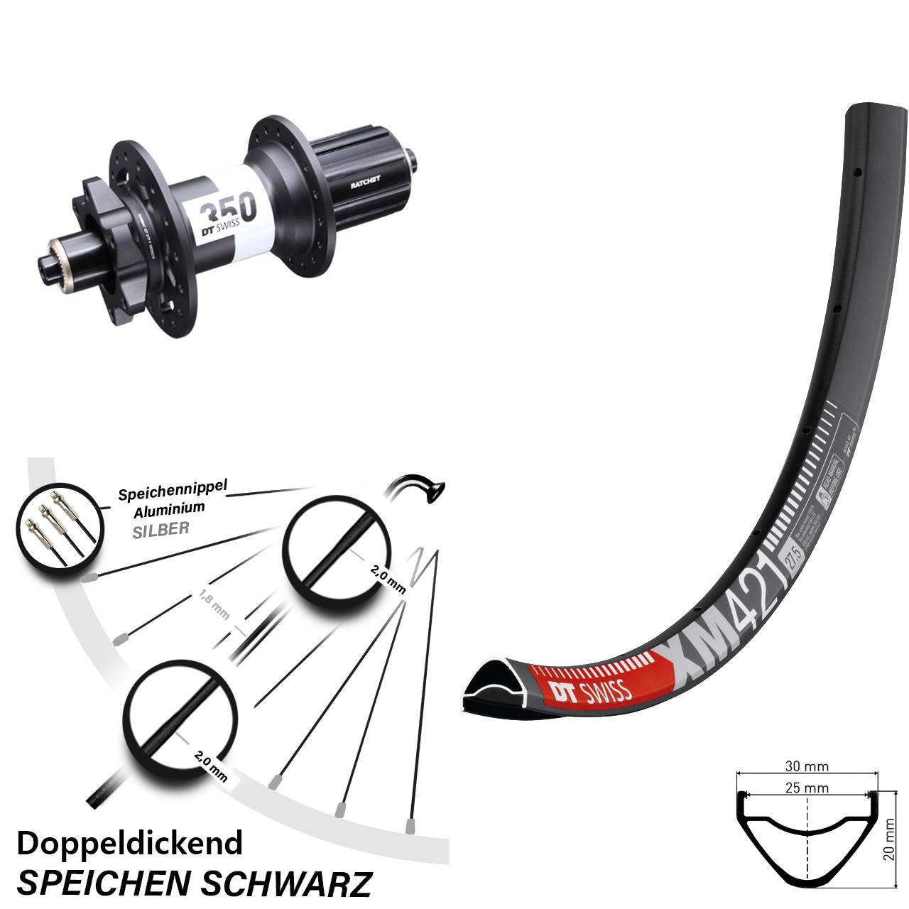 29 Zoll Hinterrad DT Swiss XM 421-350 5x135 mm 6-Loch 8-11 fach