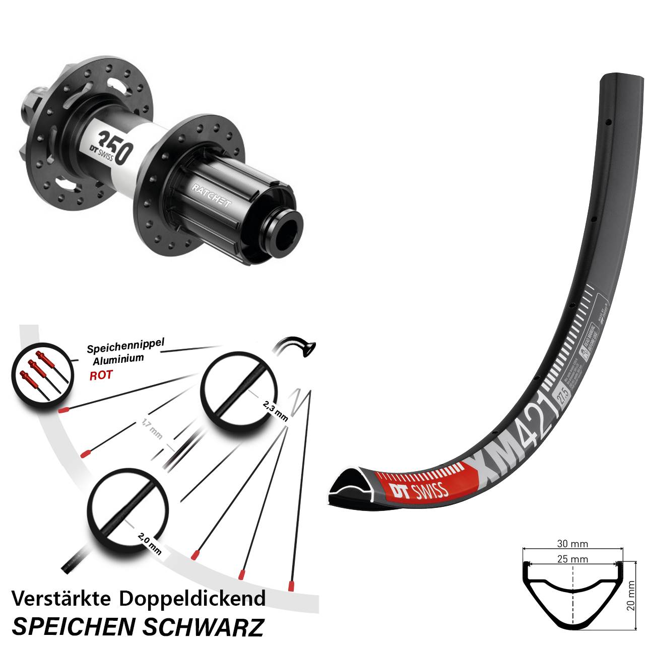 27,5 Zoll Hinterrad 12x148 mm XM421 DT Swiss 350 Ratchet 36 Disc 8-11 fach HG