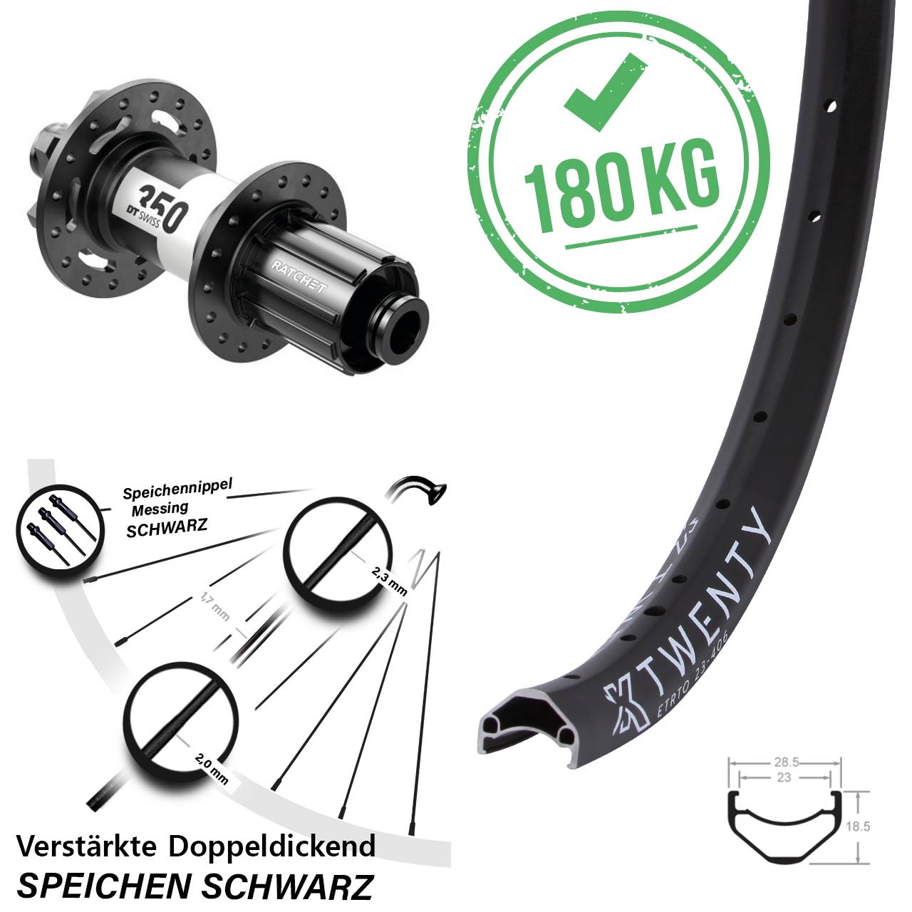 20 Zoll KX Twenty DT Swiss 350 Ratchet 36 Laufrad 12x148 Boost 6-Loch 8-11 fach