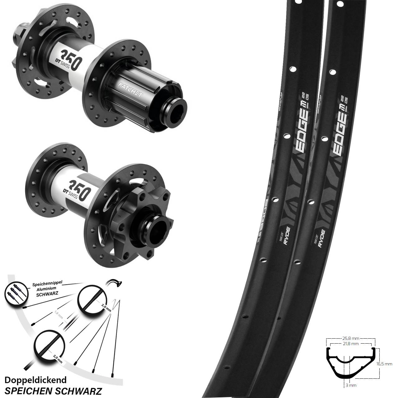 28 Zoll Ryde Edge M22 DT Swiss 350 Disc Laufrad-Satz 15x110 12x148 8-11 fach HG
