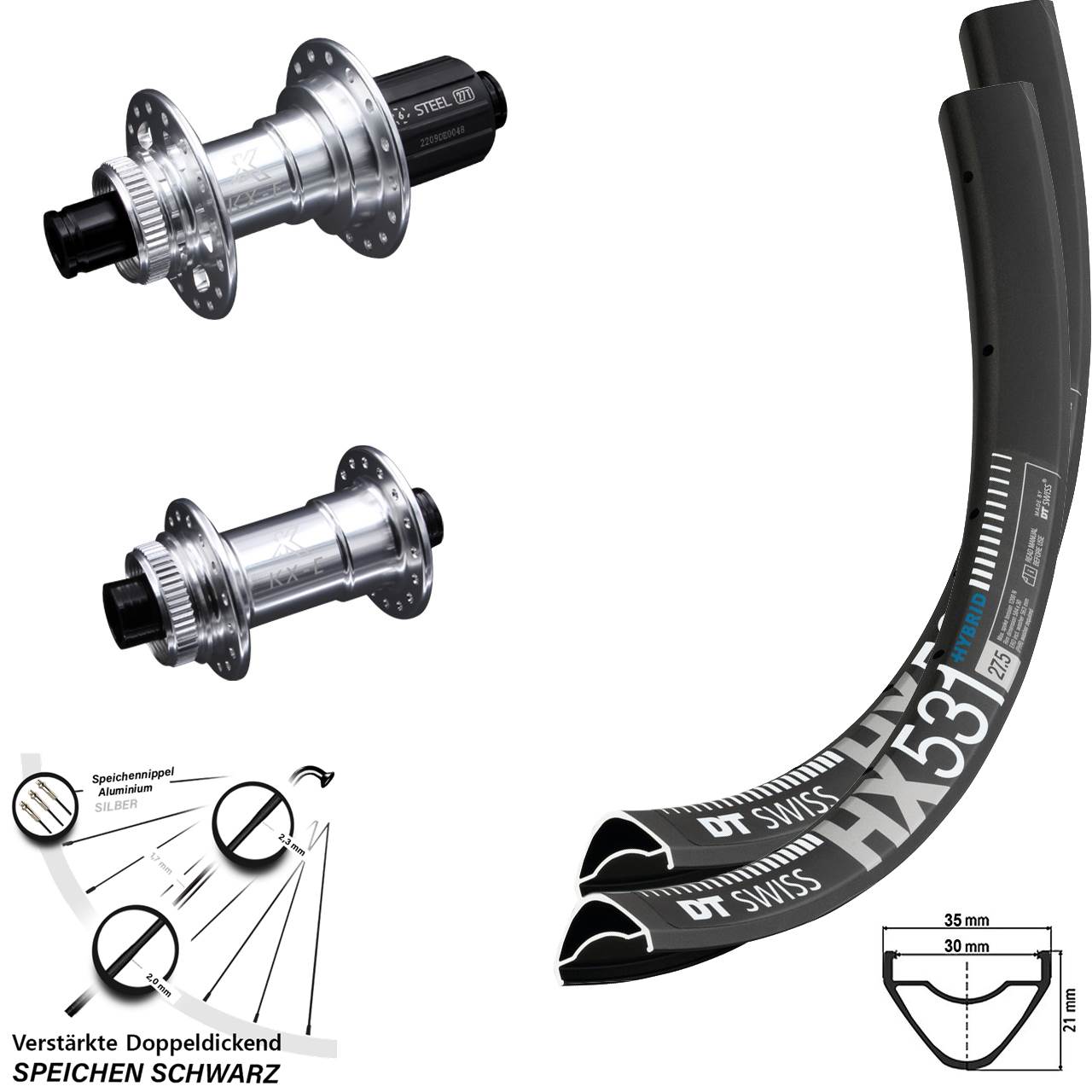 Laufradsatz 15x100 12x142 29 Zoll DT Swiss HX531 KX-E Stahlachse 8-12 fach HG