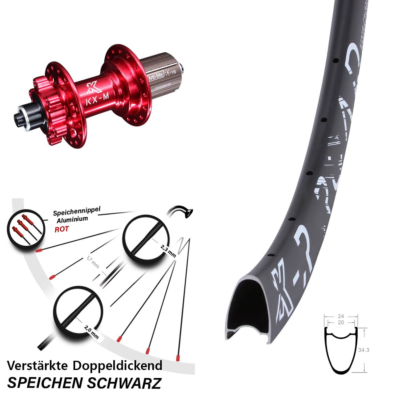 28-29 Zoll KX-R Road Bikepacking rot 6-Loch Hinterrad QR 8-12 fach HG