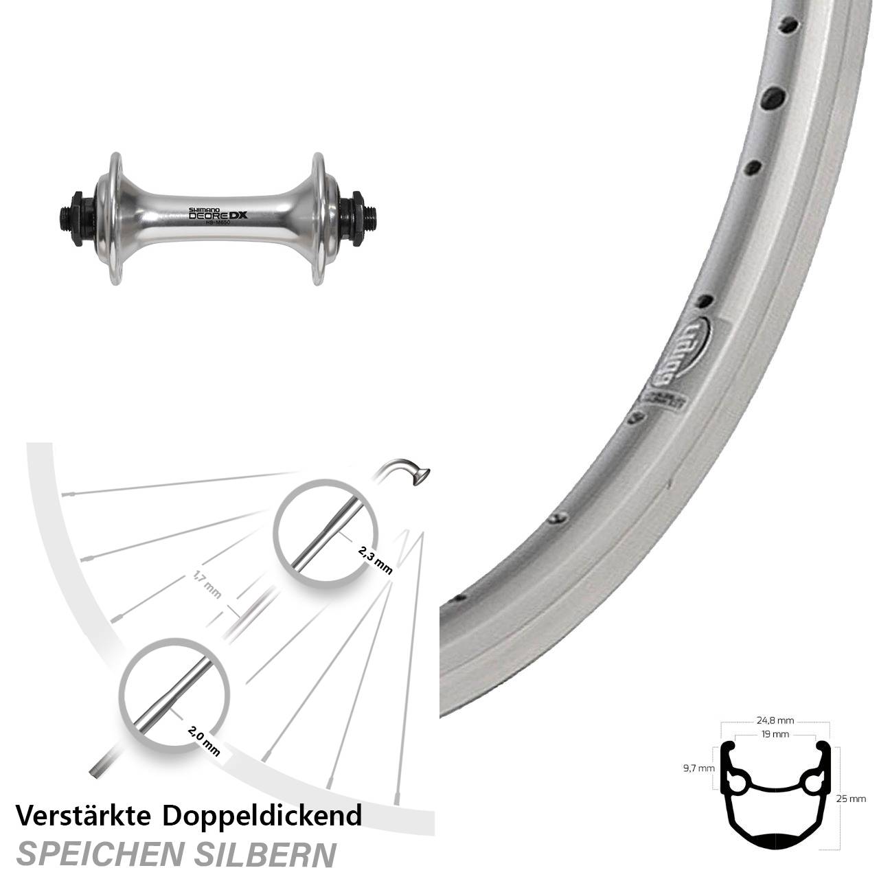 28 Zoll Ryde Andra 10 Shimano HB-M650 Vorderrad silbern