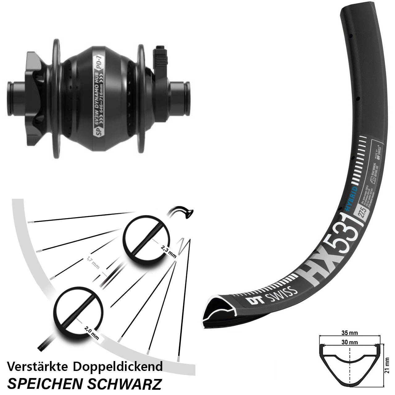 DT Swiss HX 531 Shutter PD-7 29 Zoll 6-Loch Nabendynamo-Vorderrad 12x100