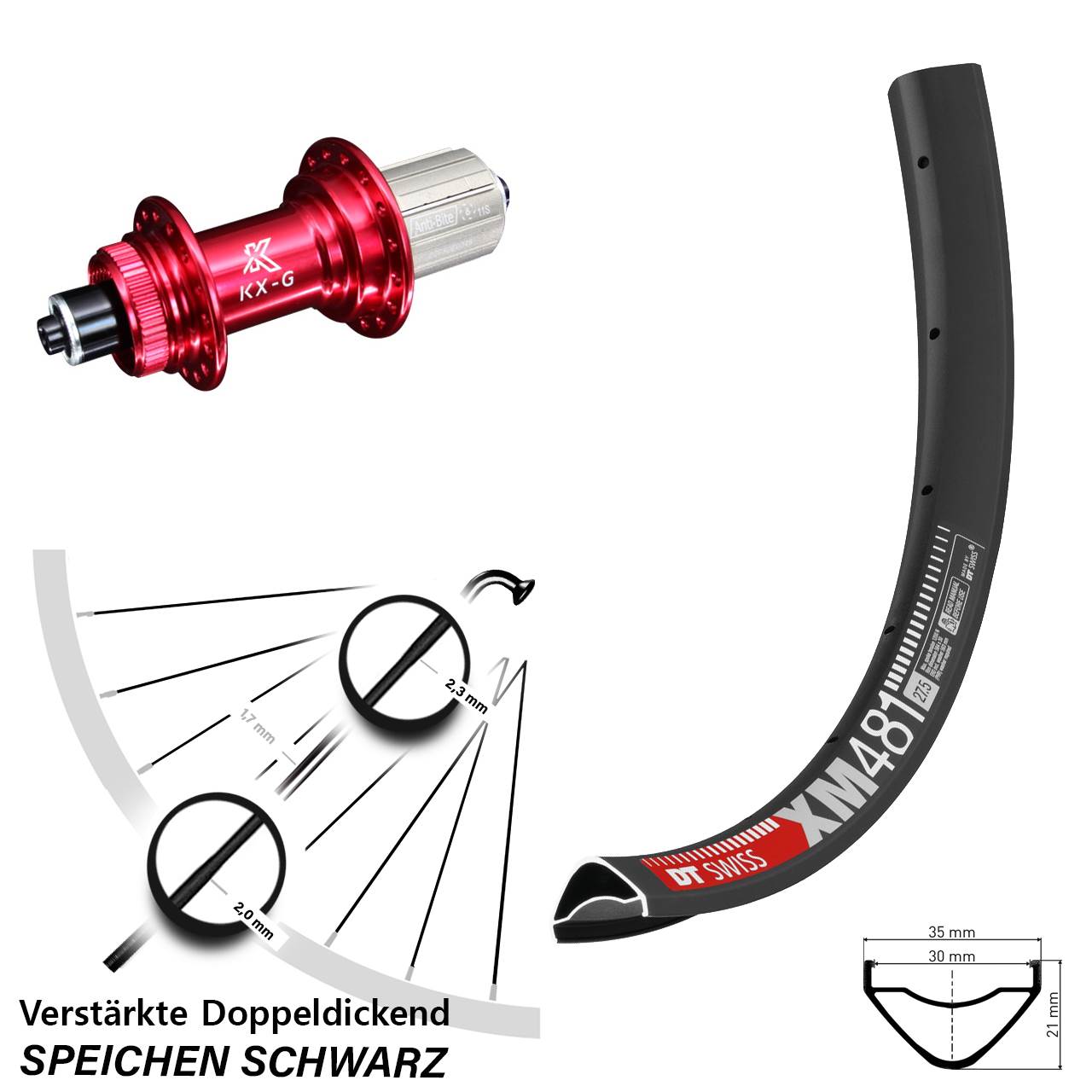 DT Swiss XM 481 KX-G rot 27,5 Zoll Disc Hinterrad für Schnellspanner 8-12 fach HG