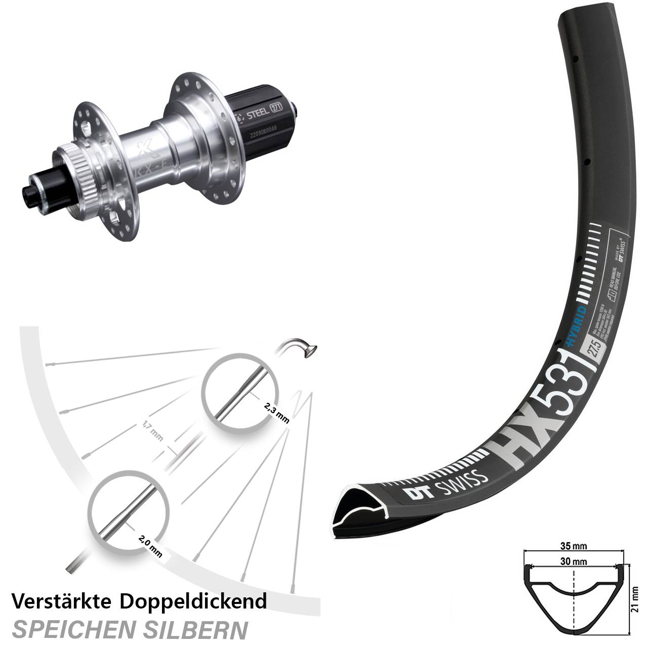 29 Zoll verstärktes Hinterrad DT Swiss HX531 QR KX-E silbern 8-12 fach Centerlock