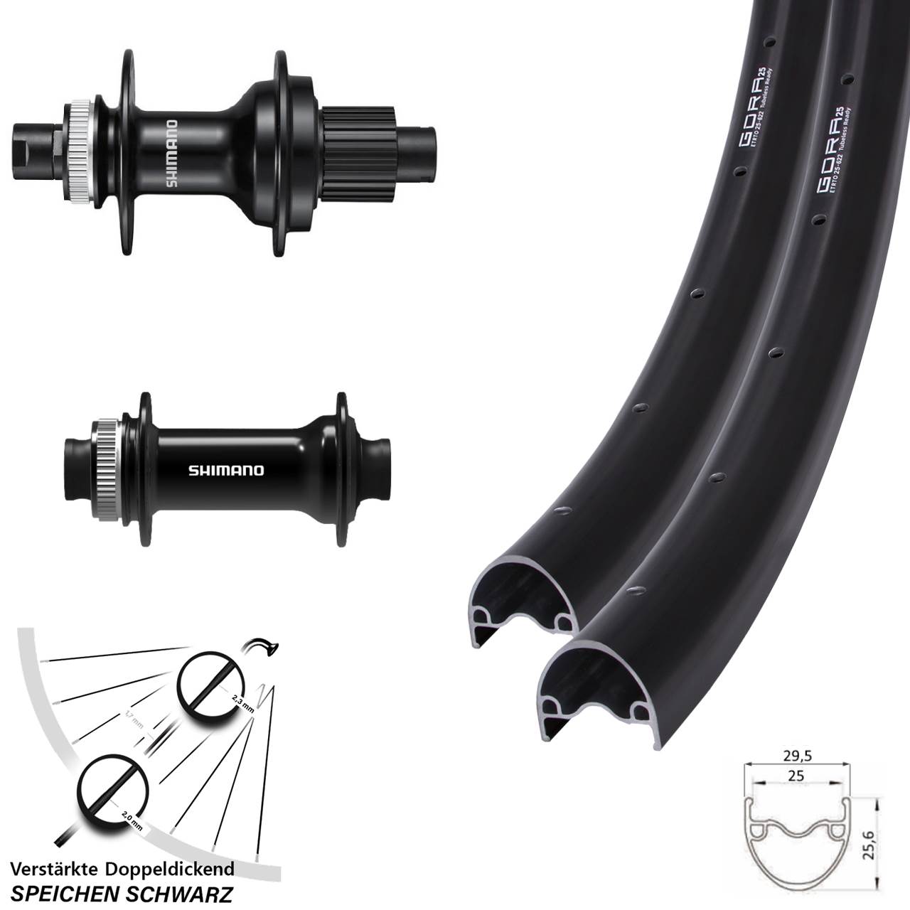 Gora 25 Shimano FH-MT510 HB-TC500 28 Zoll Disc Laufrad-Satz 15x100 12x142 Micro Spline