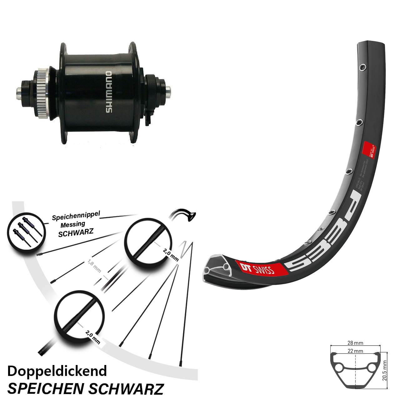 Disc Nabendynamovorderrad 26 Zoll DT Swiss 533d Shimano DH-UR700-3D für Schnellspanner