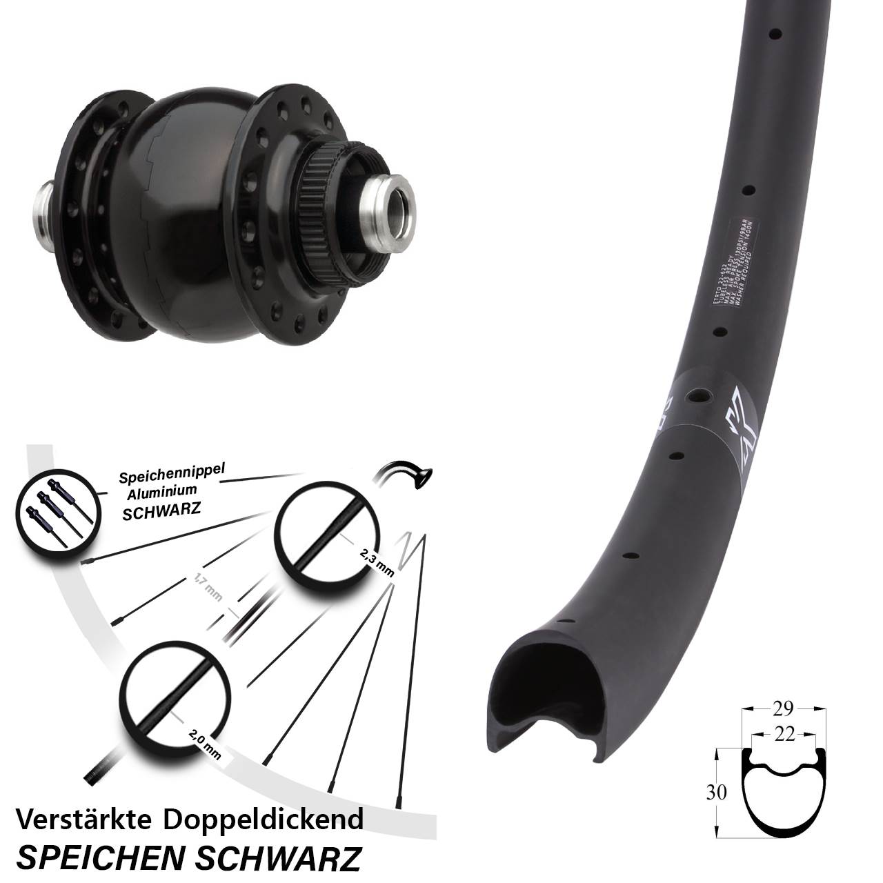 Vorderrad KX-RC Gravel Dynamo Carbon SON 28-12 Disc Centerlock schwarz
