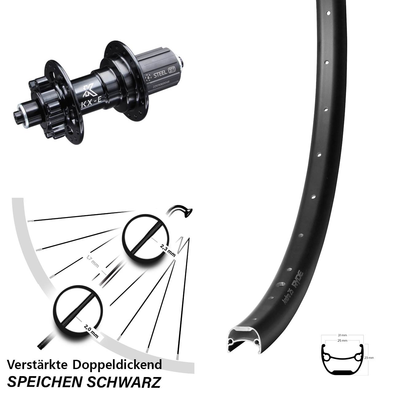 28 Zoll Ryde Andra 25 KX-E Hinterrad 6-Loch für Schnellspanner 8-12 fach