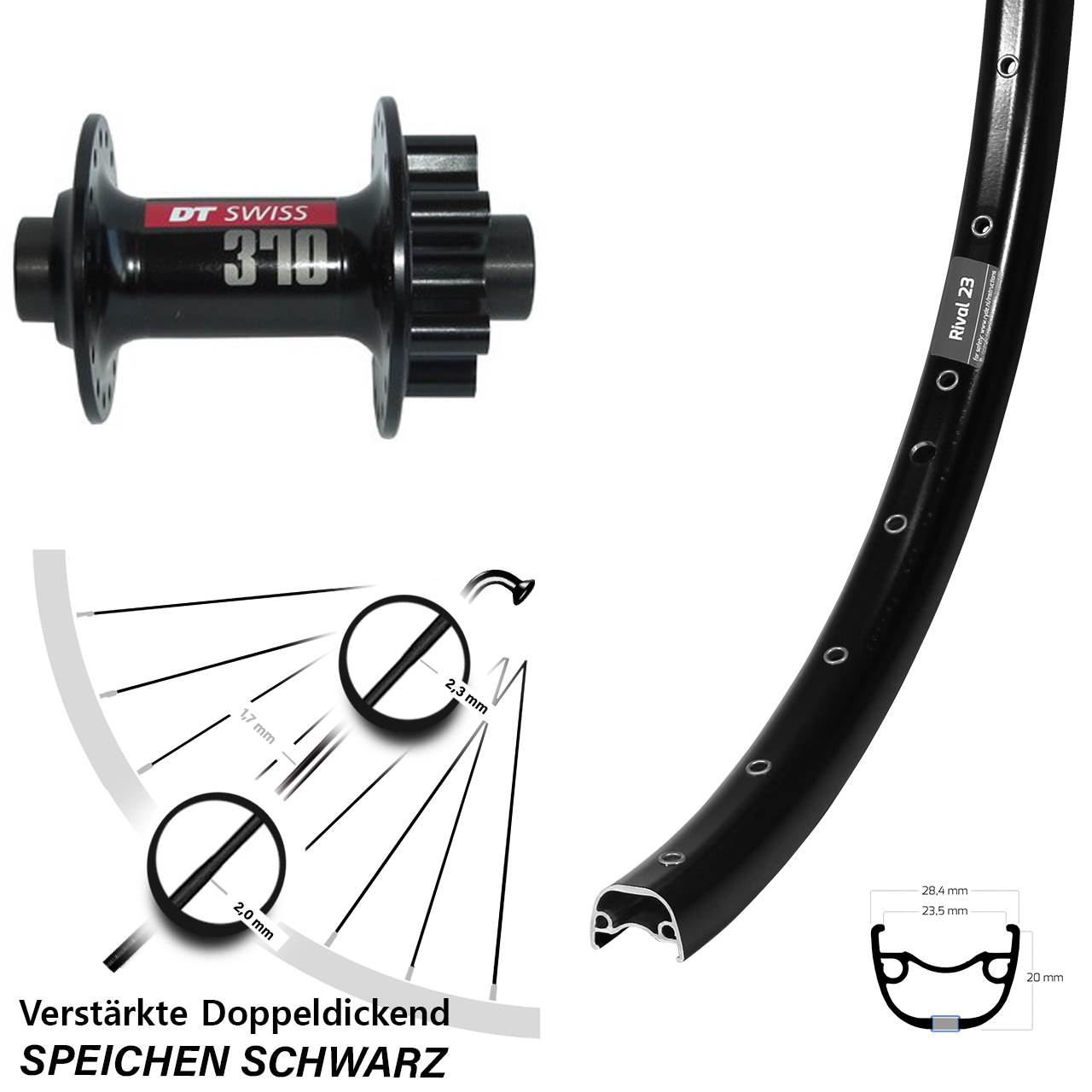 27,5 Zoll Ryde Rival 23 DT Swiss 370 Disc Vorderrad 12x100