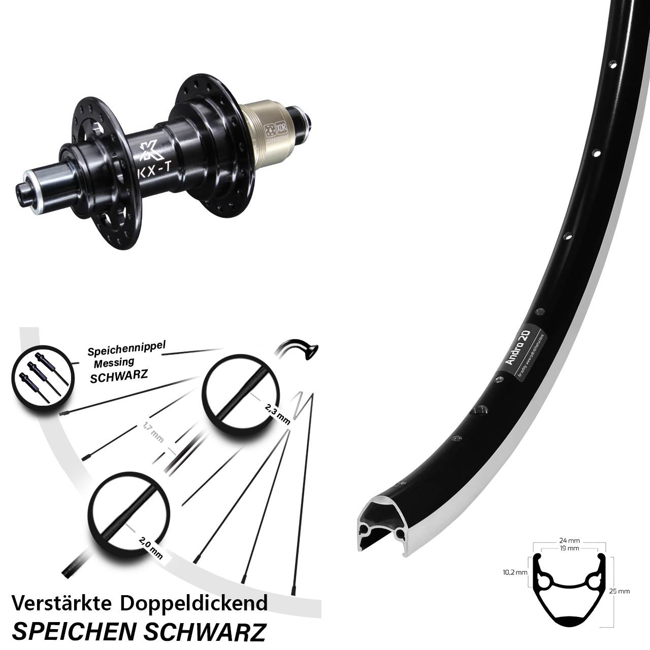Ryde Andra 20 Hinterrad 28 Zoll KX-T schwarz Sram XD 5x135 mm verstärkt