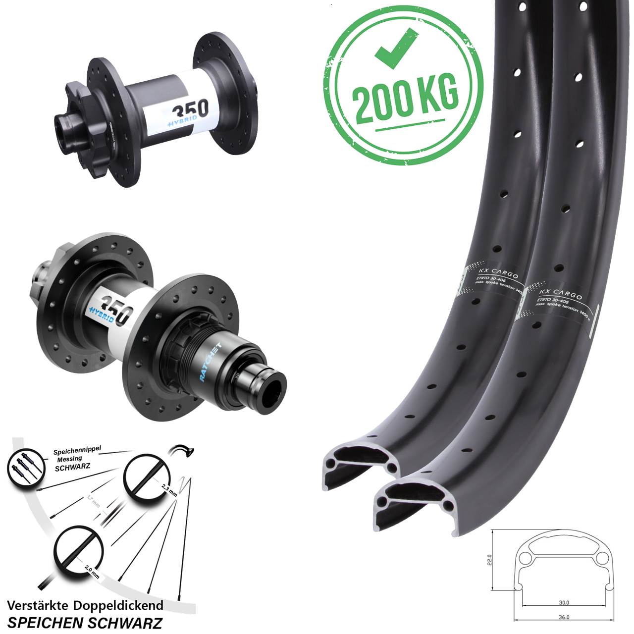 6-Loch Laufradsatz 15x110 12x148 20/26 Zoll KX Cargo DT Swiss 350 Hybrid XD