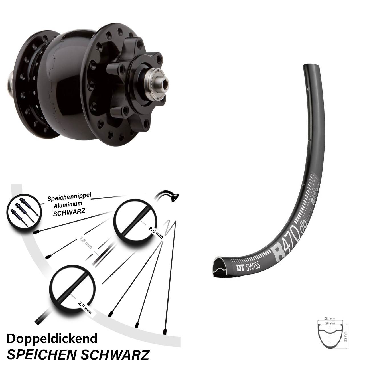 Vorderrad 28 Zoll DT Swiss R 470 DB schwarz Nabendynamo 6-Loch Road Disc