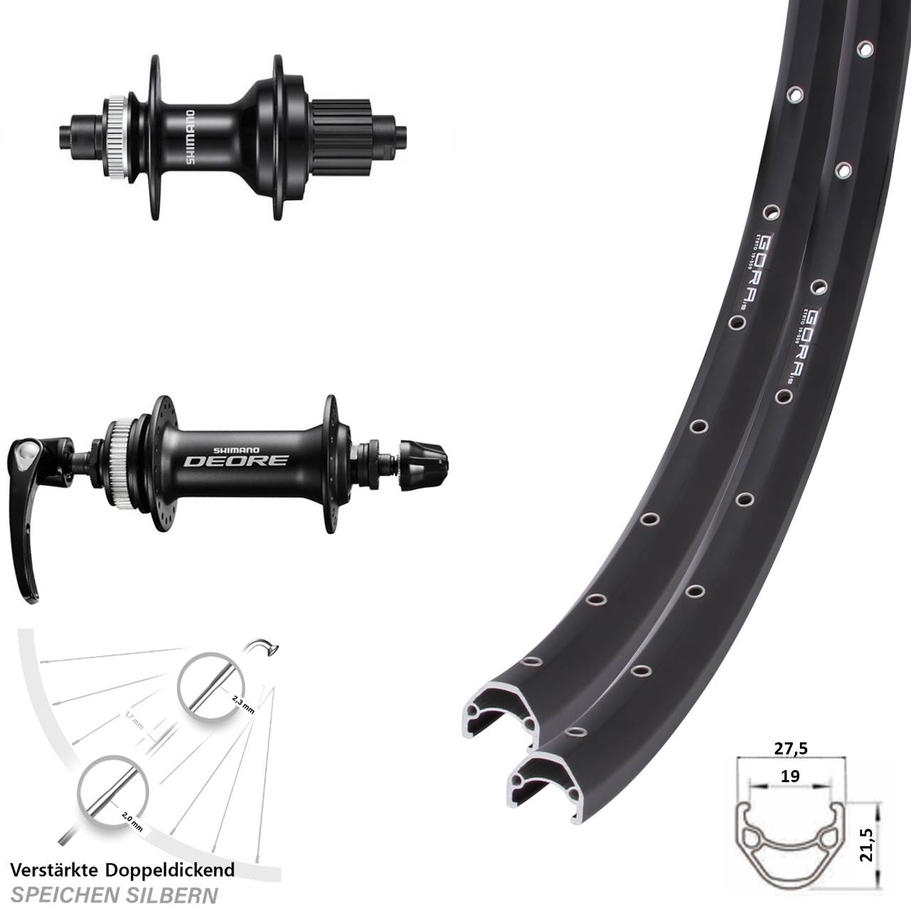 Laufradsatz Disc 26 Zoll Gora 19 Shimano FH-MT500 Deore HB-M6000 Micro Spline QR