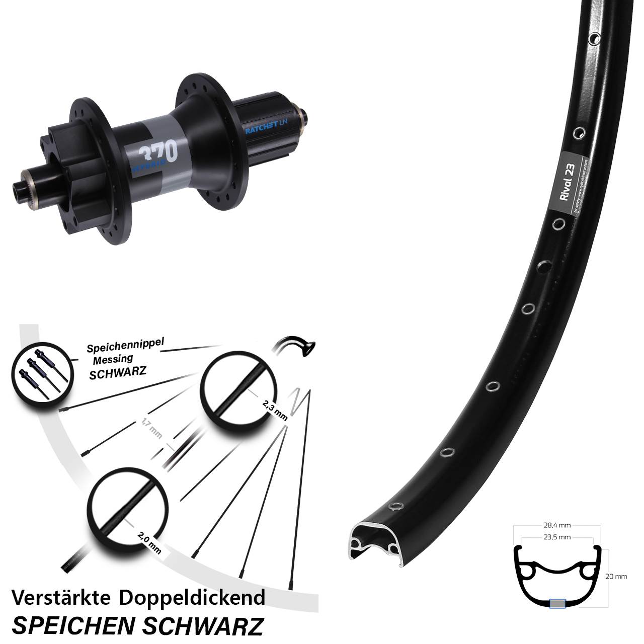 27,5 Zoll Ryde Rival 23 DT Swiss 370 Hybrid Hinterrad 6-Loch QR Boost 8-11 fach HG