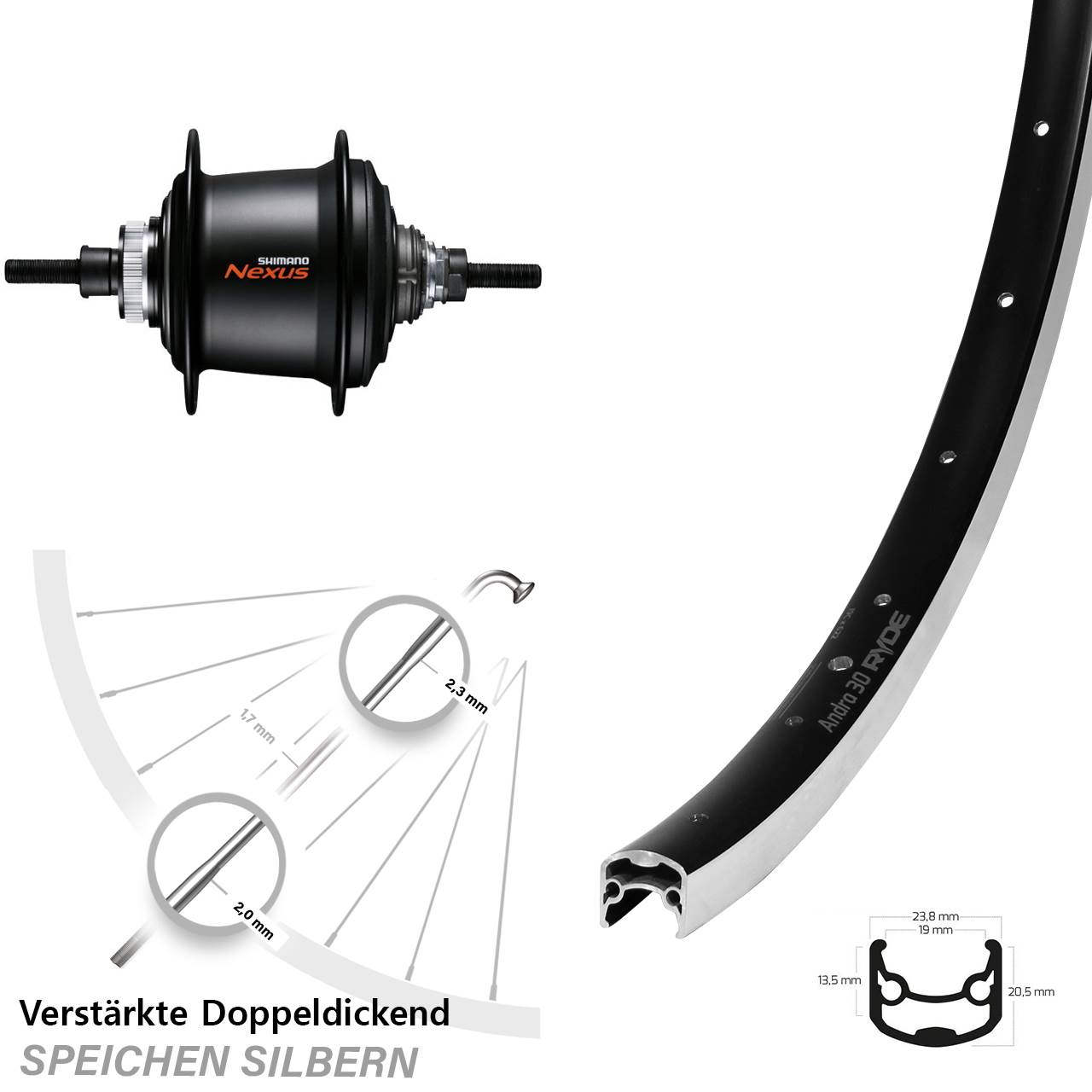 26 Zoll Hinterrad Ryde Andra 30 Shimano Nexus 7 Gang Freilauf
