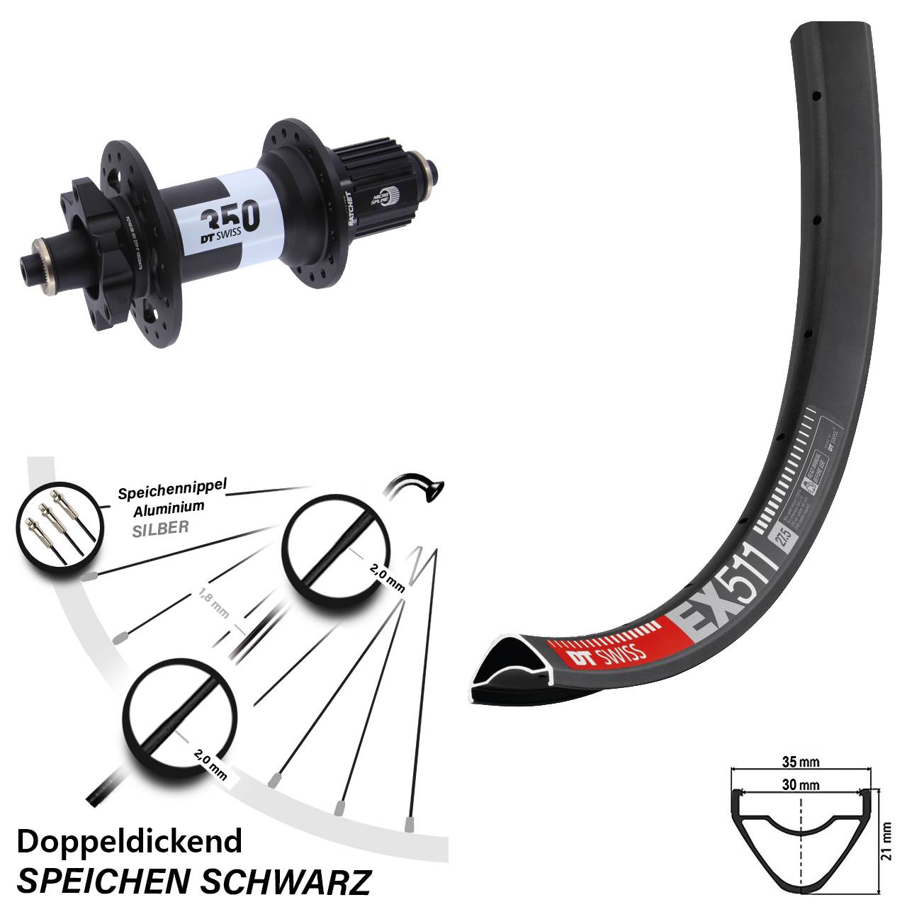 Disc Hinterrad 29 Zoll DT Swiss EX 511 350 Micro Spline QR Boost