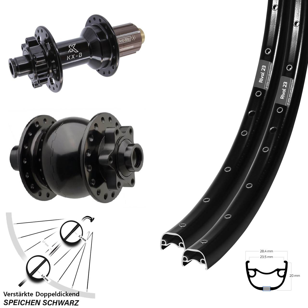 27,5 Zoll Ryde Rival 23 KX-B SON 28 Boost Disc Laufrad-Satz 15x110 12x148 8-11 fach