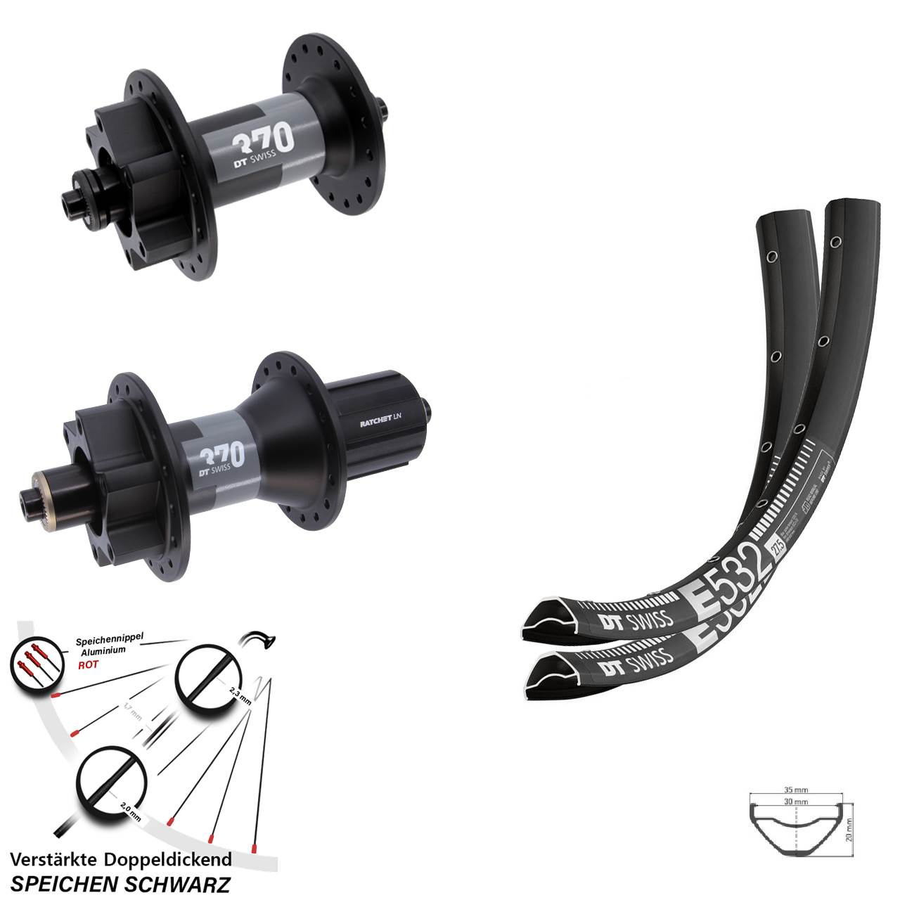 27,5 Zoll DT Swiss E 532-370 Disc Laufradsatz für Schnellspanner 8-11 fach