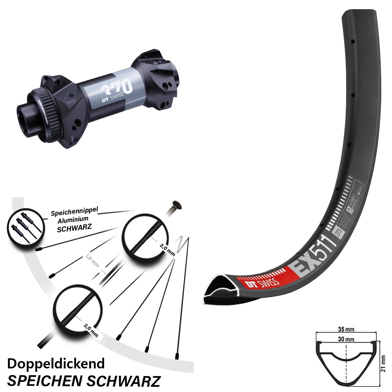 MTB Vorderrad 27,5 Zoll EX 511 DT Swiss 370 Boost 15x110 mm Straightpull Centerlock