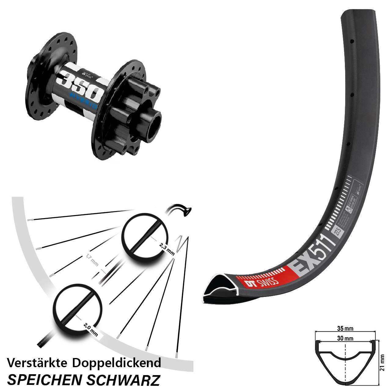 Vorderrad 6-Loch 29 Zoll DT Swiss EX 511-350 Hybrid 15x110 Boost