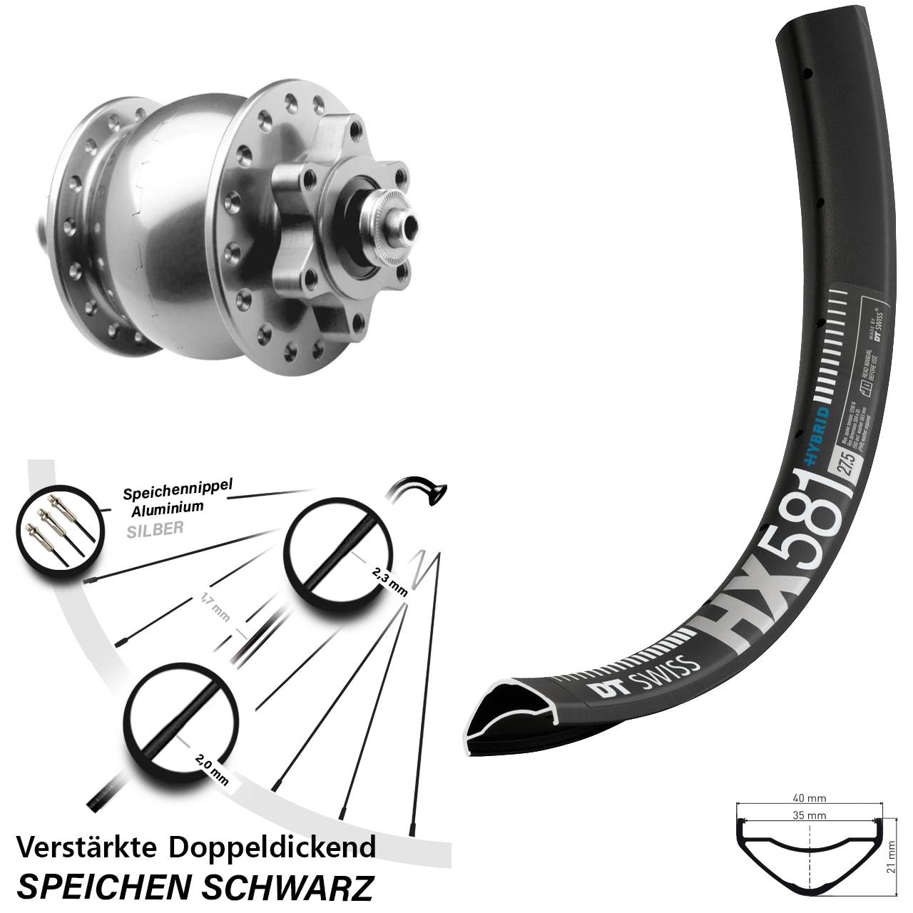 Nabendynamovorderrad 6-Loch für Schnellspanner 27,5 Zoll DT Swiss HX 581 SON 28 silbern