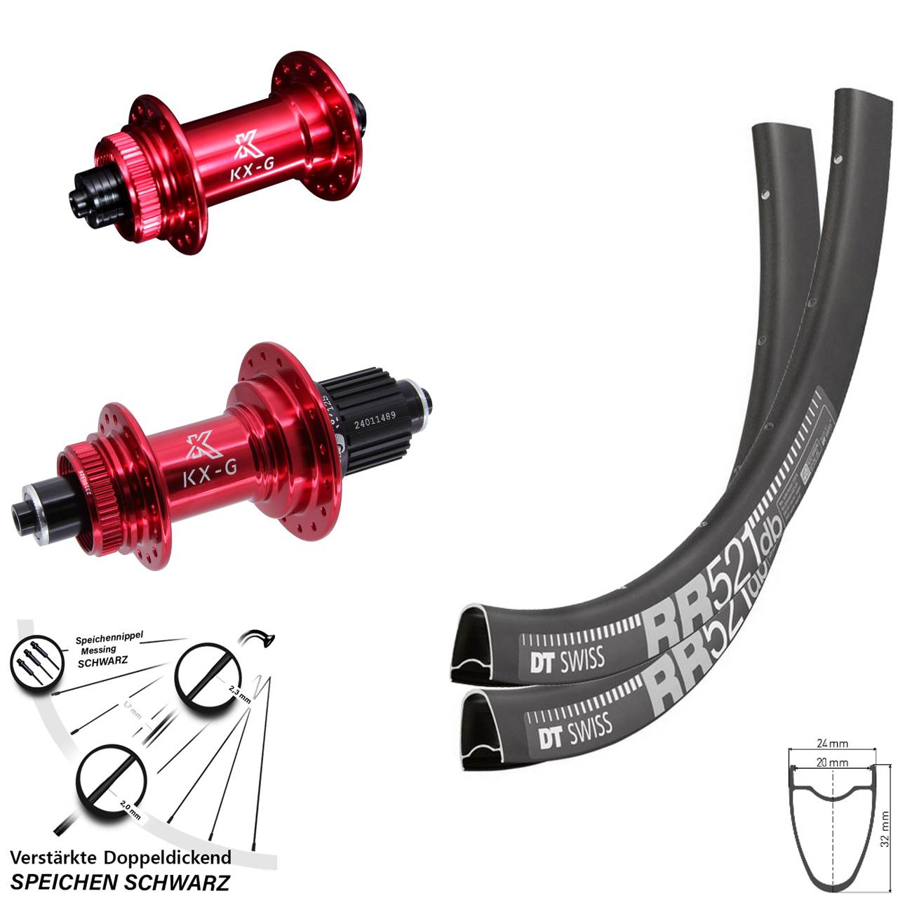 28 Zoll DT Swiss RR521 KX-G rot Disc Laufradsatz für Schnellspanner Shimano Micro Spline