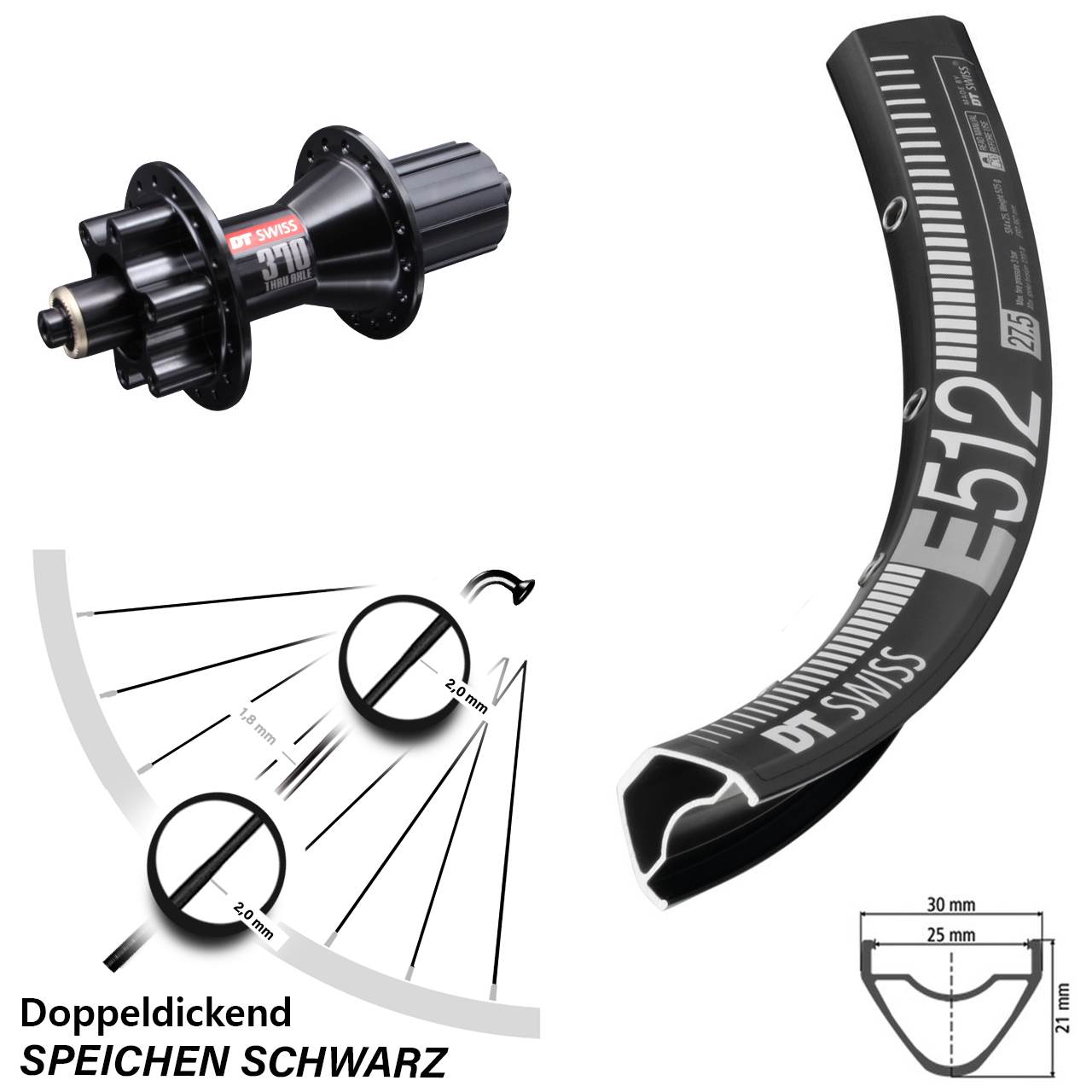 DT Swiss E 512-370 Hybrid 27,5 Zoll Hinterrad 6-Loch 8-11 fach QR