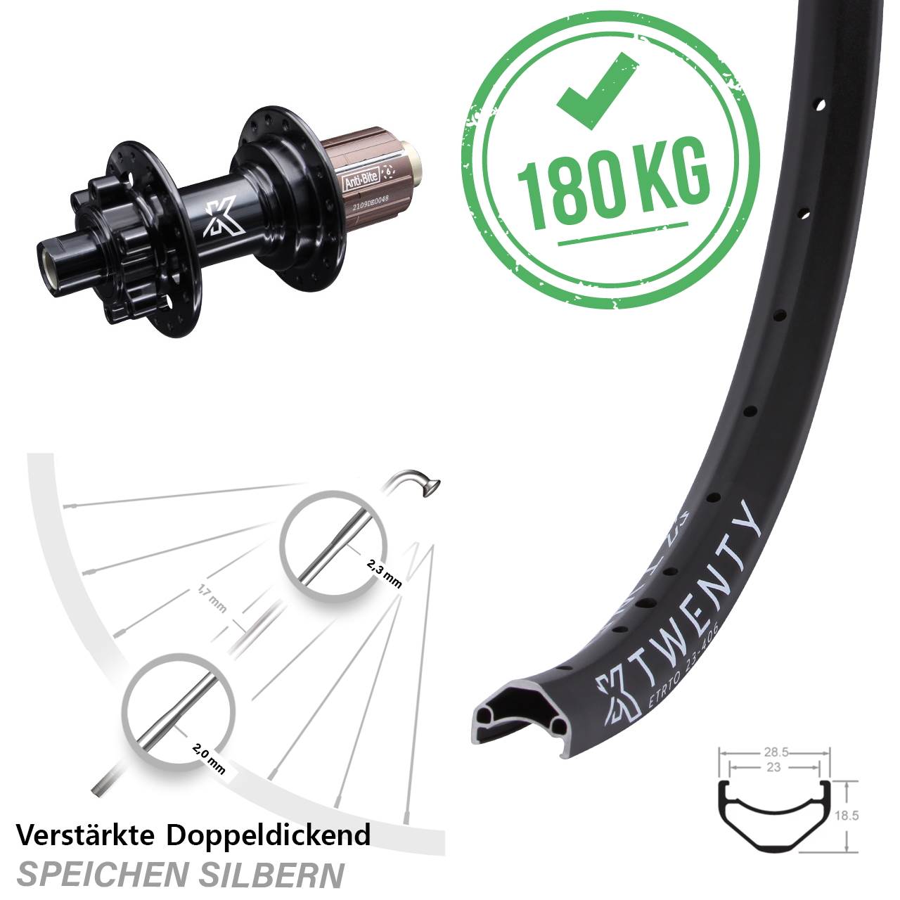 20 Zoll Hinterrad leicht Steckachse 12x142 mm KX-M Twenty Shimano 8-12 fach Disc 6-Loch