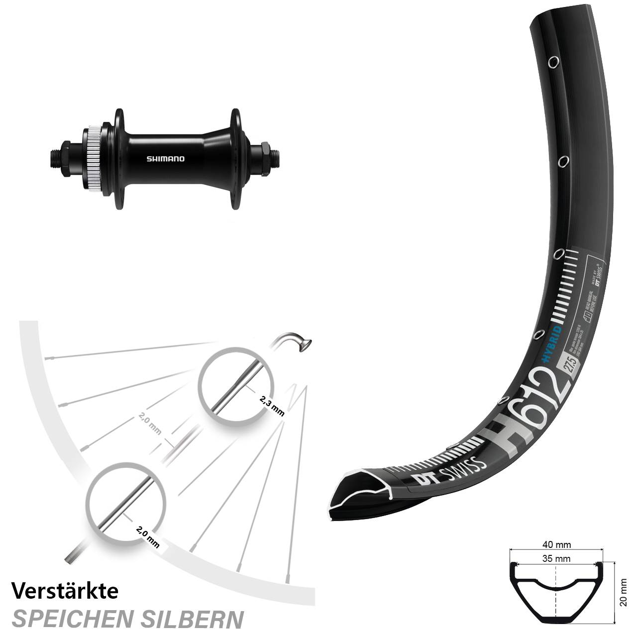 DT Swiss H 612 Shimano HB-QC400 27,5 Zoll Disc Vorderrad QR