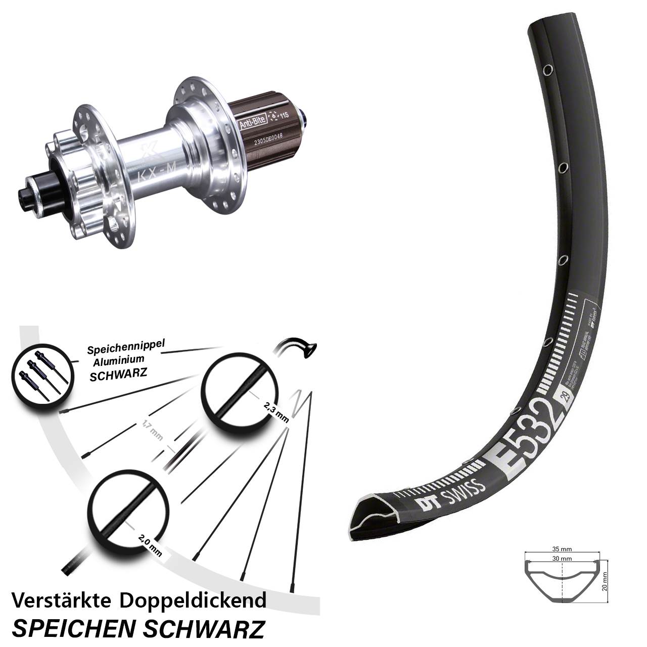 DT Swiss E 532 KX-M 27,5 Zoll 6-Loch Hinterrad für Schnellspanner 8-12 fach
