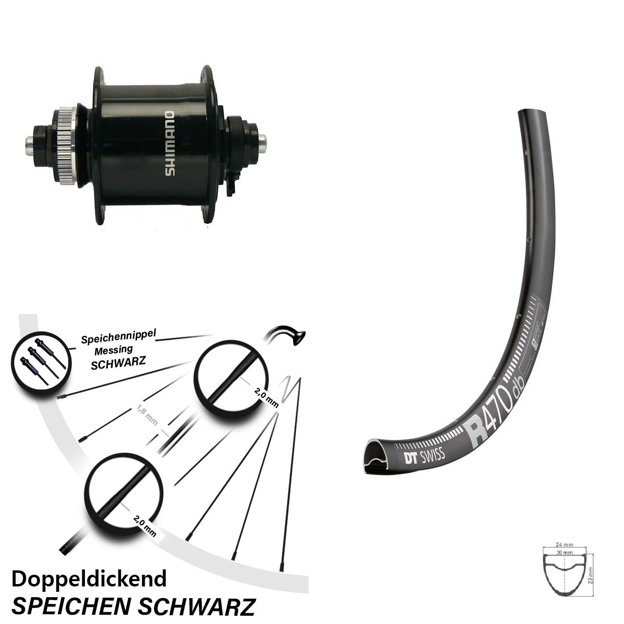 28 Zoll Vorderes Rad mit Nabendynamo DT Swiss R 470 Shimano DH-UR700 Centerlock schwarz