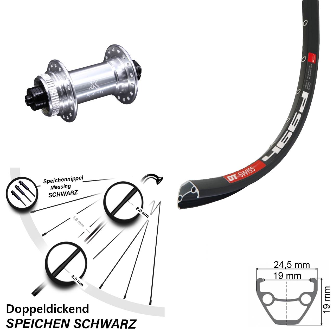 Laufrad 28 Zoll DT Swiss 466D Disc KX-G Centerlock 5/100 silbern