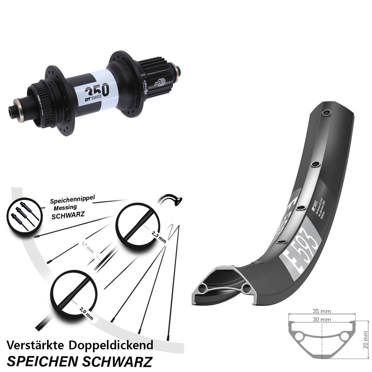 27,5 Zoll DT Swiss E 593 350 Ratchet 36 Hinterrad Centerlock QR Boost Shimano Micro Spline